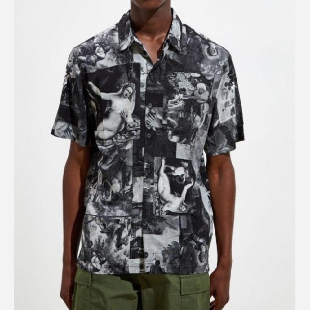 Urban Outfitters UO Art Motif Short Sleeve Button-Down Shirt Black + White